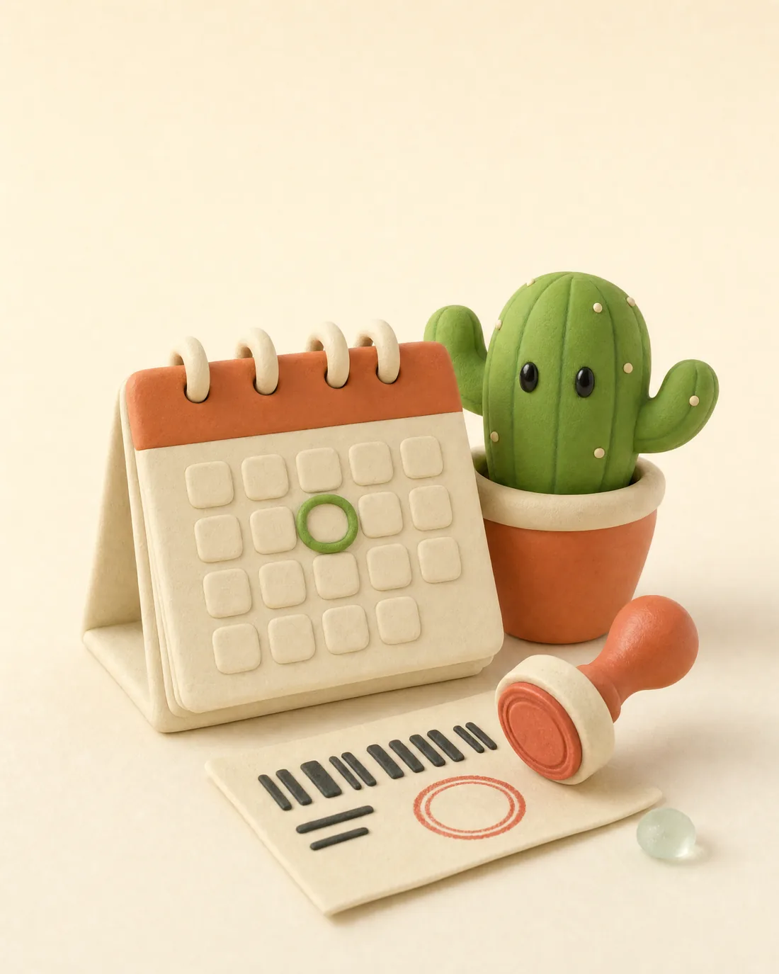 Cacto de massinha ao lado de um calendário de mesa com um dia marcado, um boleto e um carimbo terracota.