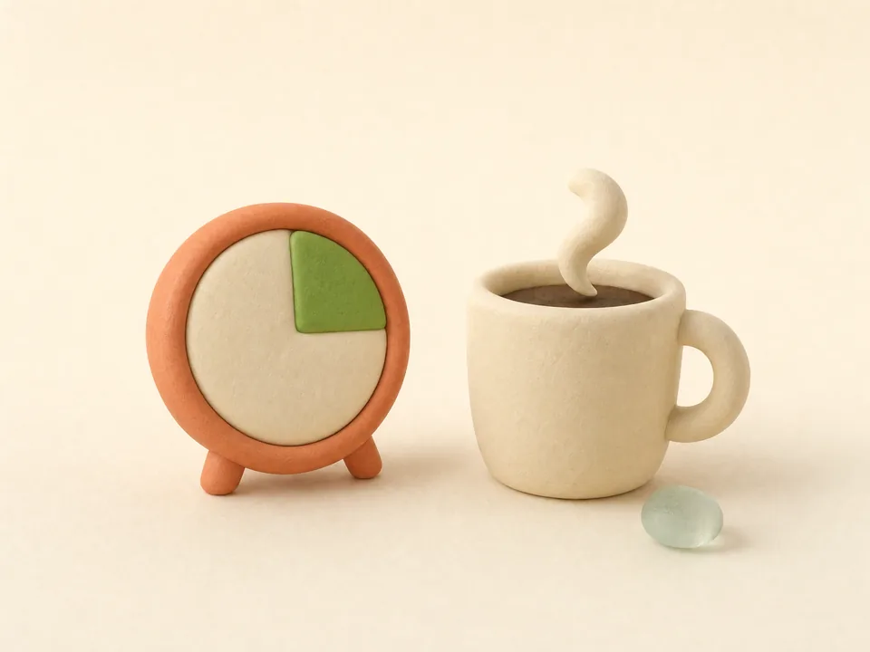 Relógio de massinha marcando um quarto de hora ao lado de uma xícara de café.
