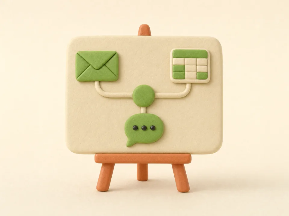 Quadro de massinha num cavalete, com e-mail e planilha ligados a um balão de conversa.